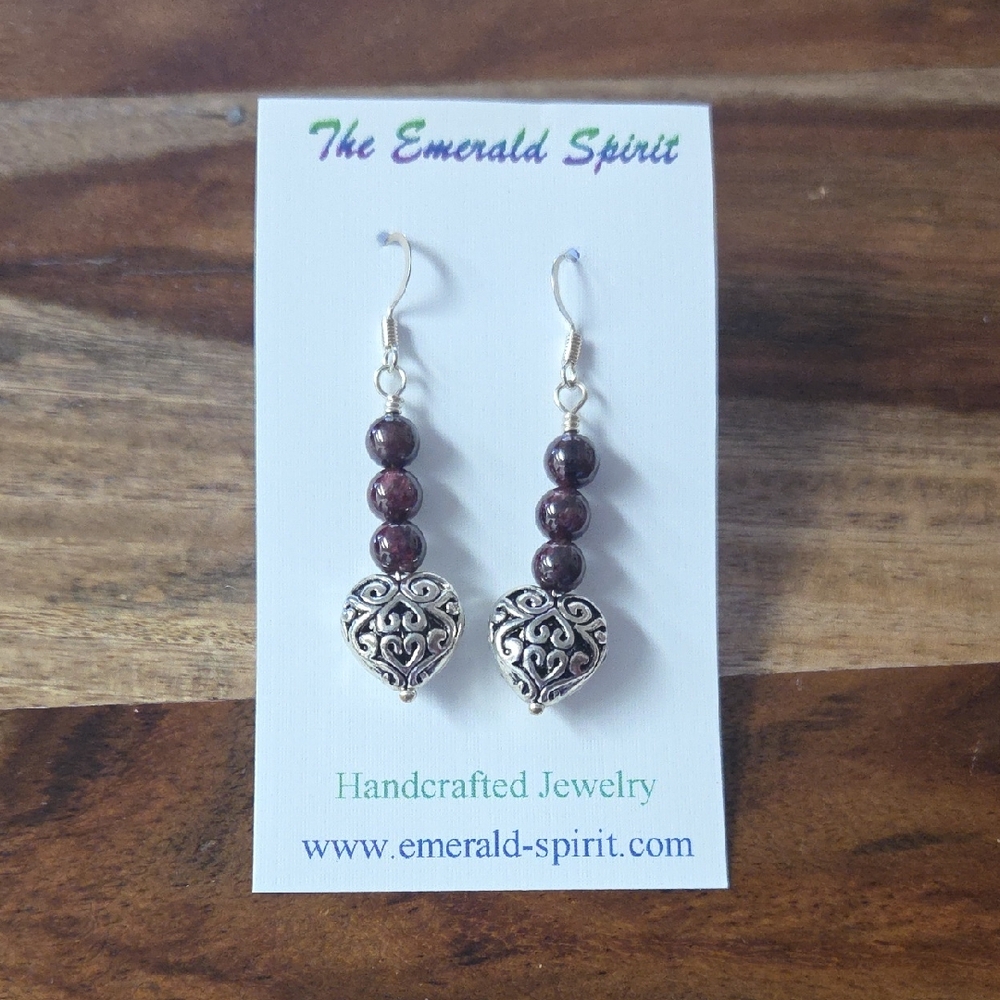 Silver Filigree Heart Earrings with Garnet Bead Accents